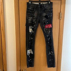Industrial Indigo Masonry Distressed Patched Streetwear Skinny Jeans W28 L31